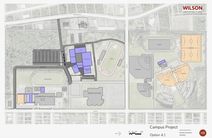 An overhead, architectural drawing shows the position of three schools and sports facilities
