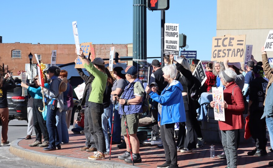 Demonstrators at Pack Square Park on Nov. 16, 2025