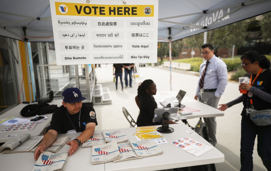 California holds early voting at a new LA County mobile vote center on Feb. 27 in Los Angeles. The state's presidential primary is on Super Tuesday, March 3.