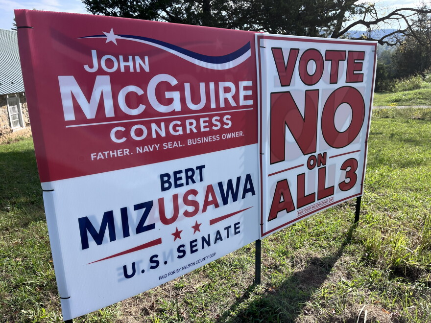 A Republican campaign sign in Virginia's 5th Congressional District, paid for by the Nelson County GOP. The Nelson County GOP declined to comment for this story.