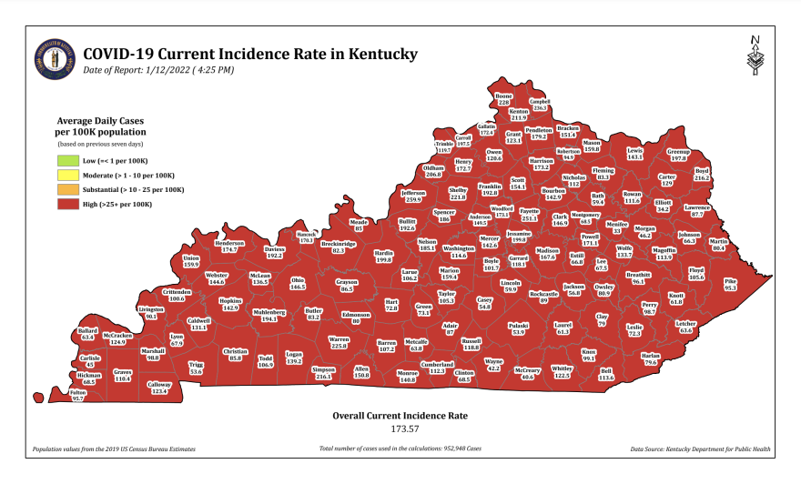 A graphic documenting the COVID-19 incidence rate by county in Kentucky as of Jan. 12, 2021.