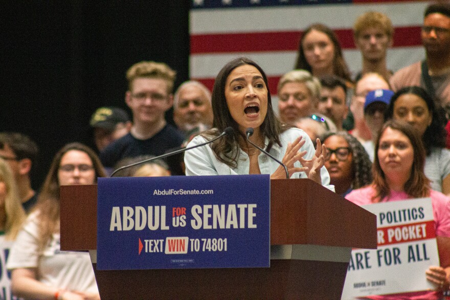 New York Representative Alexandria Ocasio-Cortez speaks to voters and supporters during Abdul El-Sayed rally at the Lansing Convention Center on July 19, 2026.