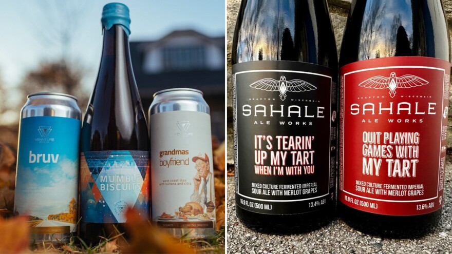 A photo of three beers resting in the grass with a building out of focus in the background next to another photo with a close-up of two bottled beers.