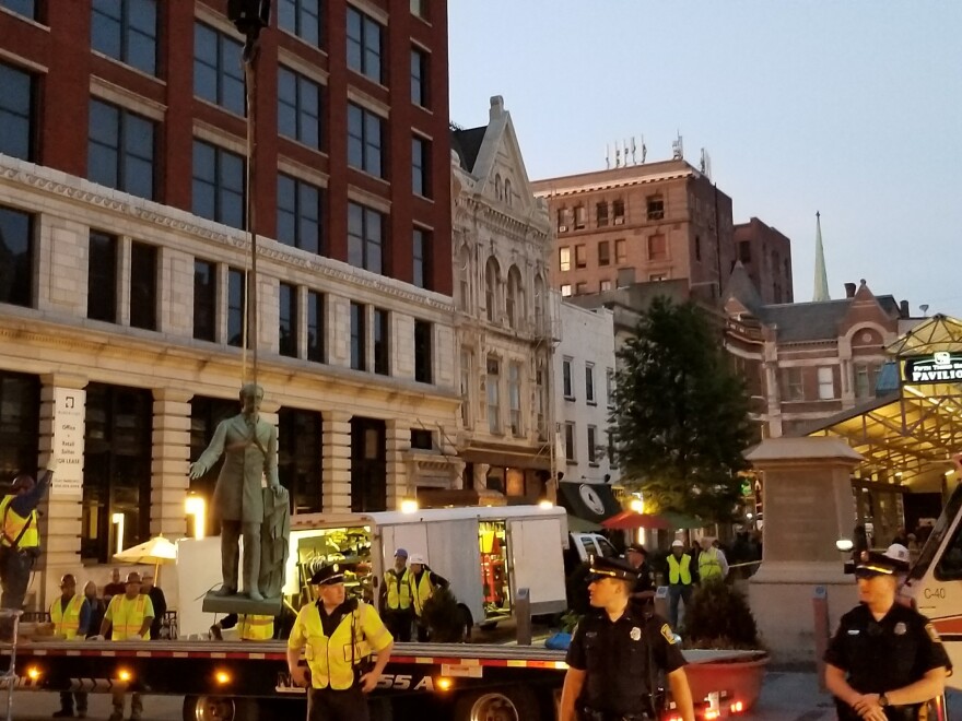 The statue of John Breckenridge was the first of two Confederate statues to be removed from the Fifth Third Bank plaza 