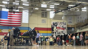 People stand a voting booths in a school gym.
