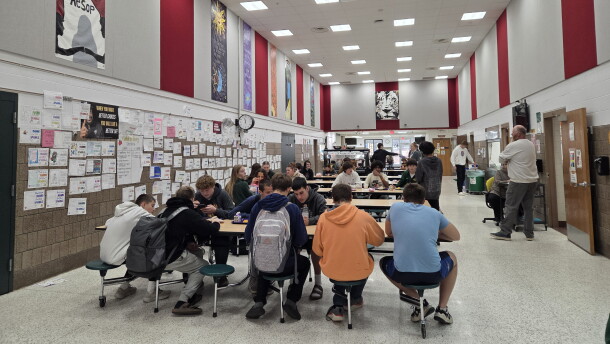 The Nevis Public School cafeteria is a busy place during the staggered lunch times between 11 a.m. and 1 p.m. school days. When not in use, a section of the cafeteria is used as a makeshift classroom.