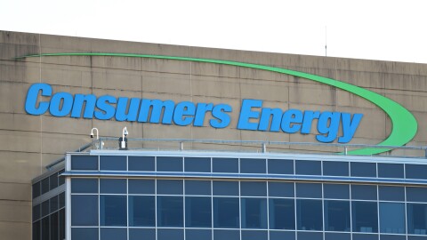 Consumers Energy logo on its headquarters building in Jackson, Michigan.