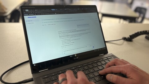 Hands type at a computer.