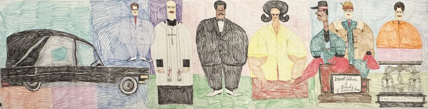 Alfred McMoore’s untitled and undated drawing, labeled “Black Hearse’’ by the Akron Art Museum, unfurls like a mural across a large wall in a special exhibition on the artist’s work.