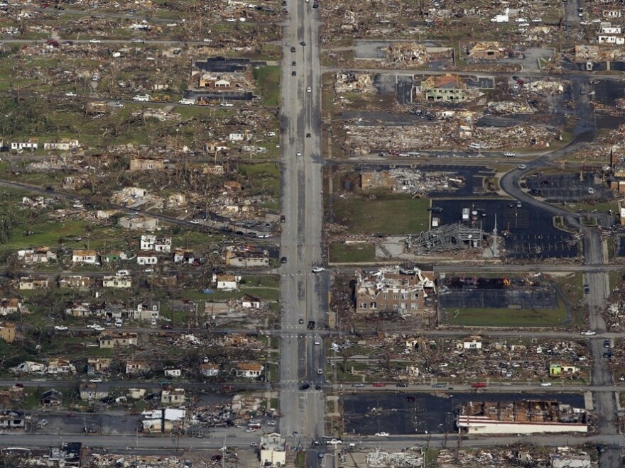 The path of a powerful tornado is seen in an aerial photo over Joplin on May 24, 2011.