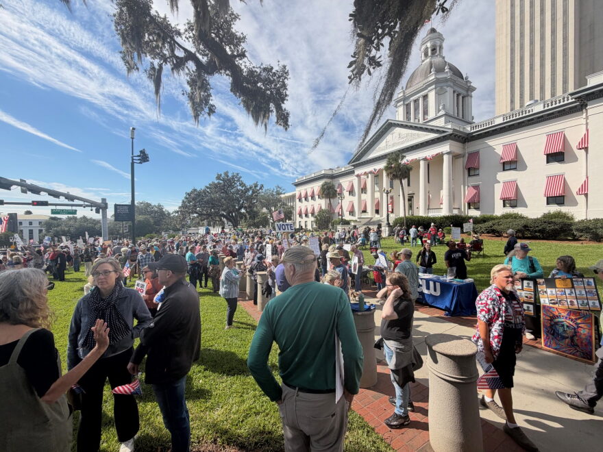 Around 2,000 people crowded the lawn at Florida’s Old Capitol on Saturday, Oct. 17, 2026 for a No Kings rally. Attendance was down from previous events. (Photo by Michael Moline/Florida Phoenix)