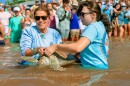 Bette Zirkelbach, left, general manager of The Turtle Hospital, and Jory Geib, a rehabilitation specialist at The Turtle Hospital, release Girl Power, a rehabilitated juvenile green sea turtle, Friday, July 10, 2026, at Sombrero Beach in Marathon, Florida Keys. Girl Power was fitted with a satellite transmitter before entering the Atlantic Ocean as The Turtle Hospital's official competitor in Sea Turtle Conservancy's Tour de Turtles program.
