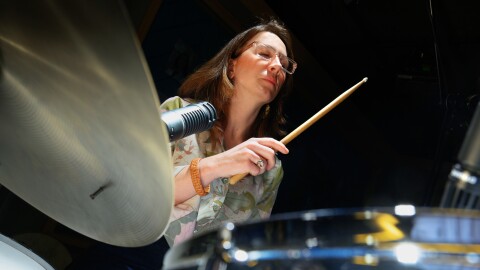 Molly Sayles and her drum kit in Connecticut Public’s Studio Five on March 12, 2026.