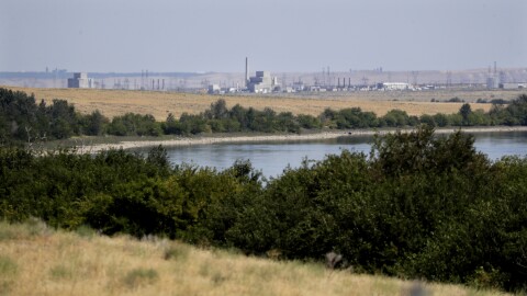 Buildings on the Hanford Nuclear Reservation along the Columbia River are seen from the Hanford Reach National Monument near Richland, Wash.