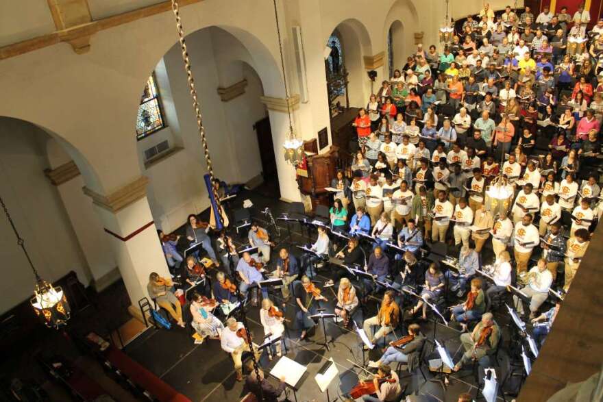 The Bach Festival Society of Winter Park choir and orchestra rehearses with Bethune Cookman Concert Chorale at Knowles Memorial Chapel. Photo: Matthew Peddie, WMFE