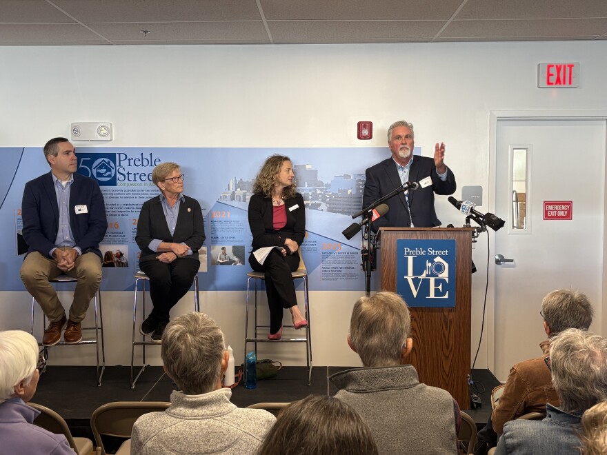 Mark Swann, executive director of the non-profit Preble Street, speaks at the grand opening of the service provider's new food security hub in South Portland on Friday, Oct. 24, 2025. Rep. Chellie Pingree (D) and Heather Paquette, president of the Good Shepherd Food Bank of Maine, were among those in attendance.