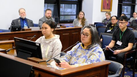 Frieda Nageak (right) a board member with the North Slope Borough School District, and student Faith Brower (left) testify before a joint session of the House and Senate Education committees as part of the annual fly-in advocacy day on Feb. 9, 2026.