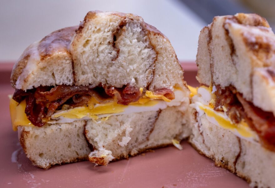 A breakfast sandwich of bacon, egg and cheese inside a cinnamon roll is just one of the items available at Boujee Bakery.