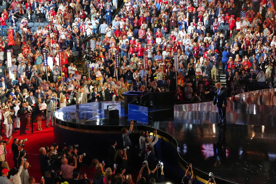 President Donald Trump walks on the stage after speaking at the Republican convention, Wednesday, Sept. 9, 2026, in Dallas. (AP Photo/Julia Demaree Nikhinson)