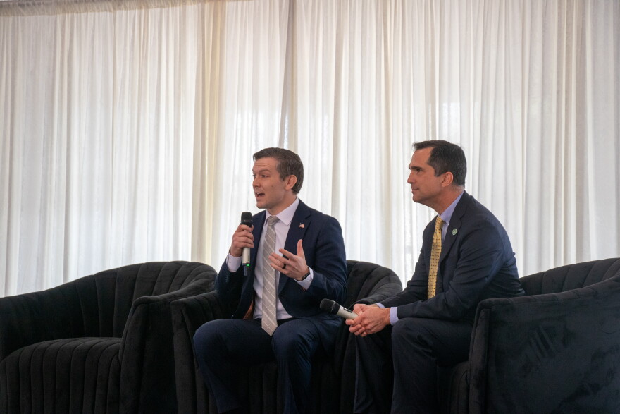 DOE Under Secretary for Energy Kyle Haustveit (left) and Oklahoma Secretary of Energy and Environment Jeff Starling (right) at the Phillips Pavilion at the Oklahoma Governor's Mansion on Sept. 24. 