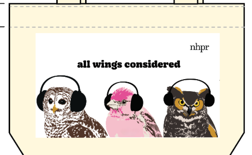 Tiny Tote featuring birds from past NHPR tote bags. 7" in height, 10" in width