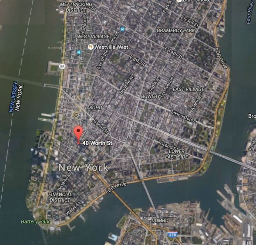 The location of the crane collapse, at 40 Worth St. and West Broadway, Manhattan.