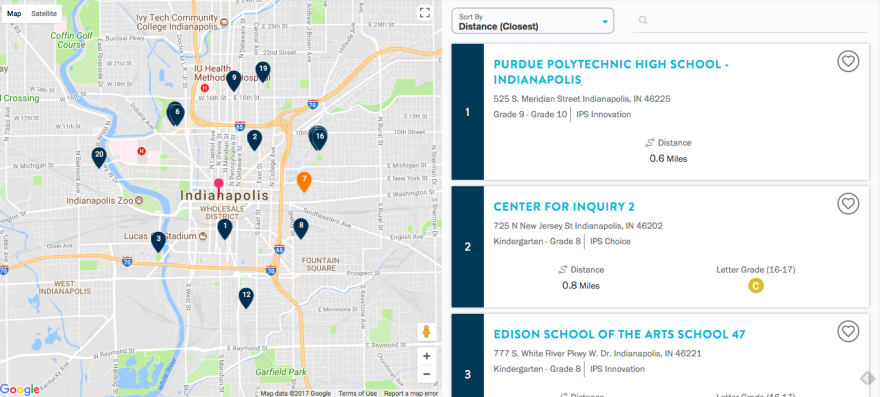 Screen shot of the "school finder" function on the Enroll Indy website.