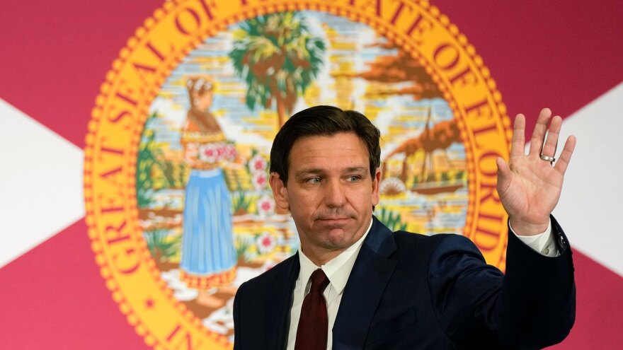 Republican Gov. Ron DeSantis is backing his party's aim to win additional county school board seats in November. (AP Photo/Rebecca Blackwell)