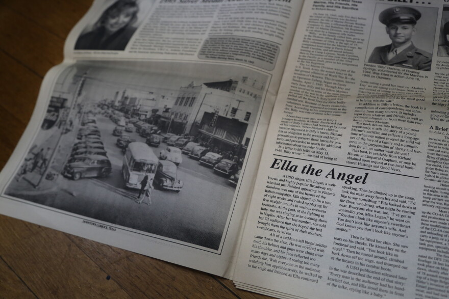 A reprint of a 1941 newspaper shows a photo of Downtown Lubbock beside an article about a USO performer.