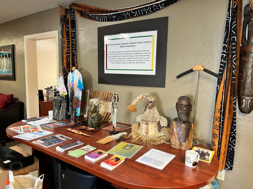 Inside the African American Family and Cultural Center. The center’s mission statement is posted above brochures and sculptures. Photo taken on Feb. 21, 2024 in Oroville, Calif.