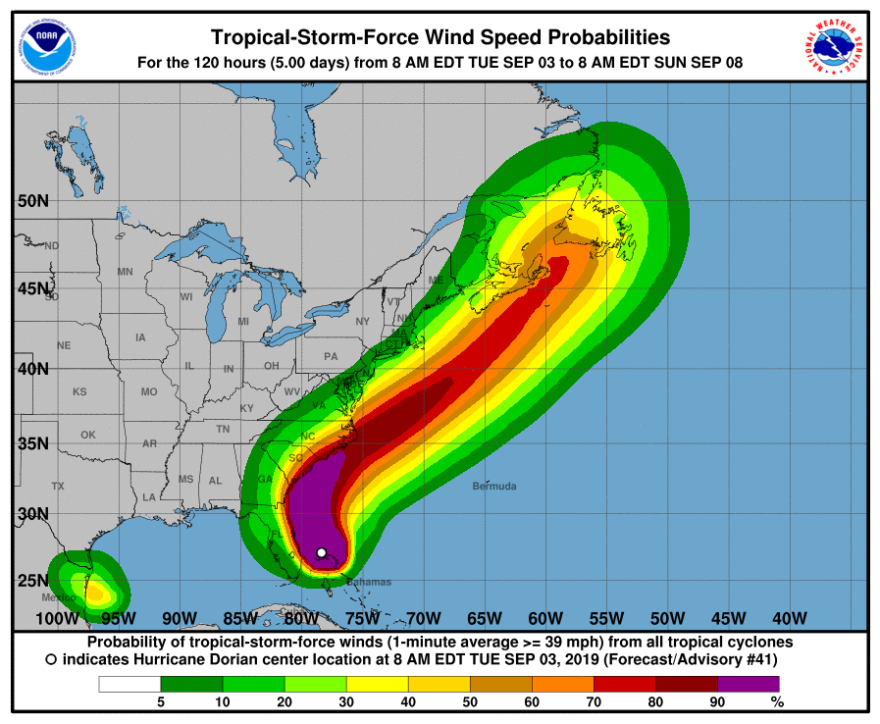 Illustration of wind speed probabilities forecast for Hurricane Dorian. 