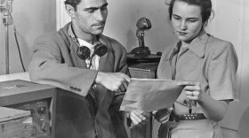 Rod and his wife, Carol Kramer Serling, in the Antioch College radio studio