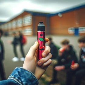 someone in a jeans jacket holds a vape pen with a blurred school background of benches and kids 