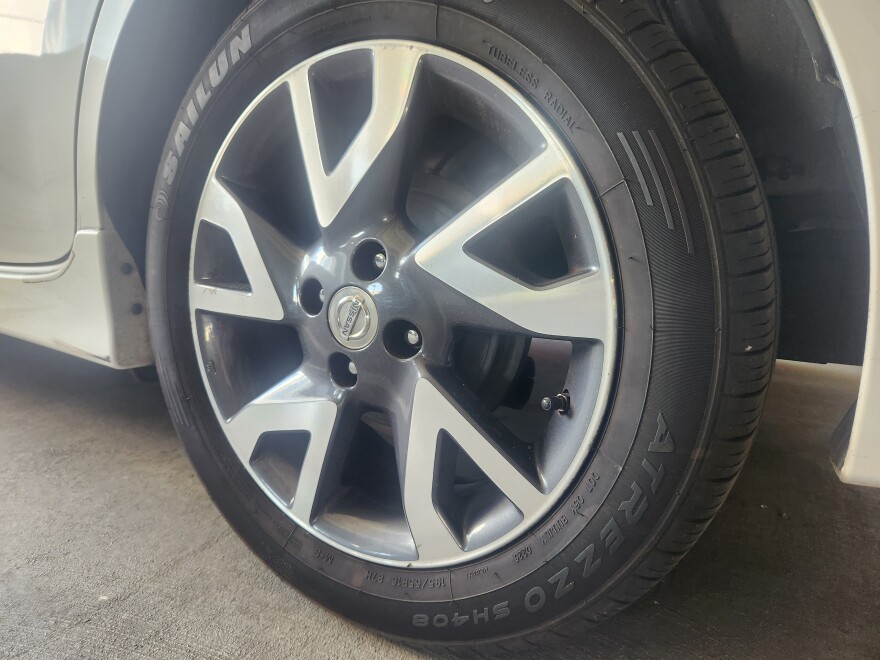 A car tire in Springfield, Mo. on May 4, 2026.