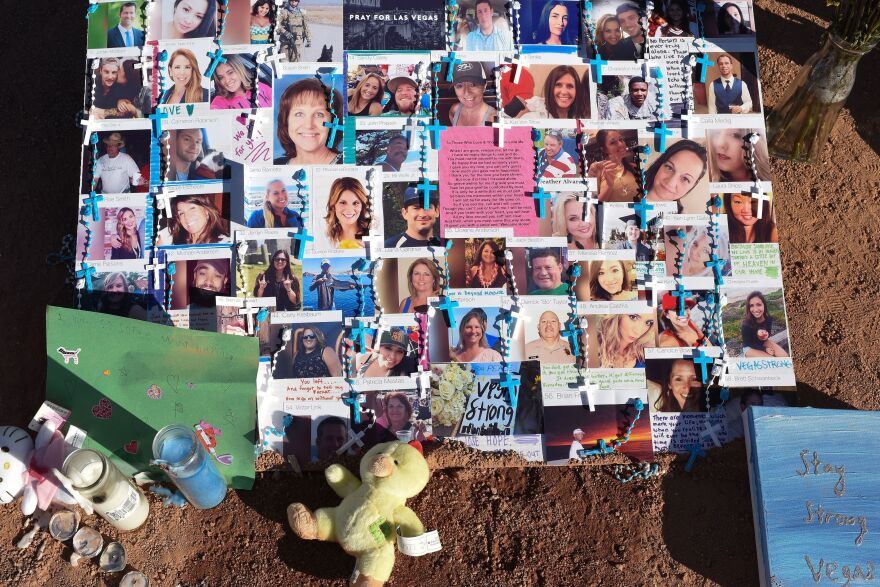 The 58 fatalities in October's mass shooting in Las Vegas all died of gunshot wounds, the county coroner and medical examiner said Thursday. A makeshift memorial on the south end of the Las Vegas Strip a few days after the shooting has photos of some of those who were killed.