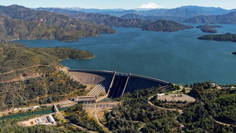 An aerial view of Lake Shasta and the dam in Shasta County, on May 9, 2024. On this date, the reservoir storage was 4,380,600 acre-feet (AF), 96 percent of the total capacity.