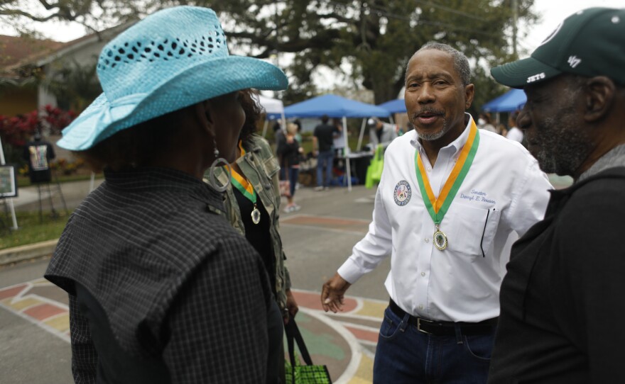 Florida State Senator State Senator Darryl Rouson greets festival attendees during the 2022 Publix Tampa Bay Collard Festival in St. Petersburg, Florida, on Saturday, February 19, 2022. Photo by Octavio Jones for WUSF