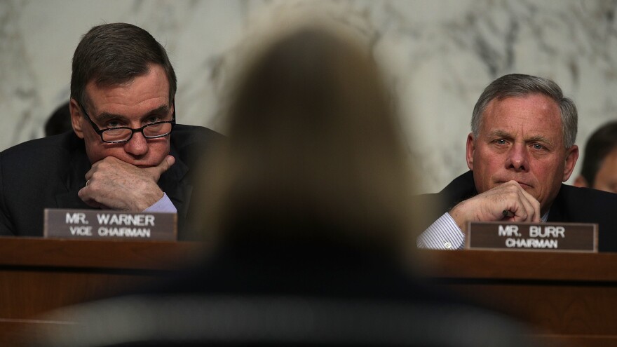 Chairman Sen. Richard Burr, R-N.C, (right) and Vice Chairman Sen. Mark Warner, D-Va., listen during a hearing before the Senate Intelligence Committee on June 21 on Capitol Hill.