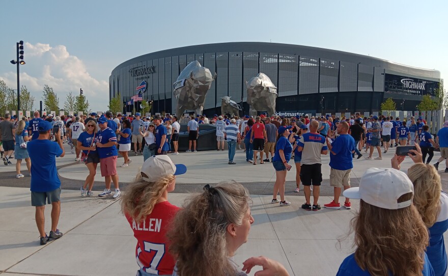 Fans approach Highmark Stadium Saturday, August 8, 2026 in advance of the Buffalo Bills 'Return of the Blue and Red' practice, the first public event to be held in the new stadium.