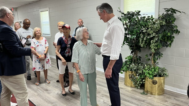 California Gov. Gavin Newsom meets with supporters in Hardeeville, South Carolina on Sept. 3, 2026.