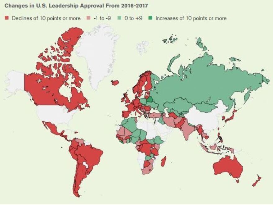 In 2017, approval of U.S. leadership fell by double digits in nearly half of the 134 countries and areas surveyed by Gallup.