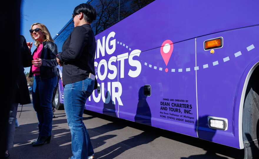 Democratic nominee for governor Jocelyn Benson launched her statewide "Driving Down Costs" bus tour in East Lansing, Mich., on Oct. 22, 2026.