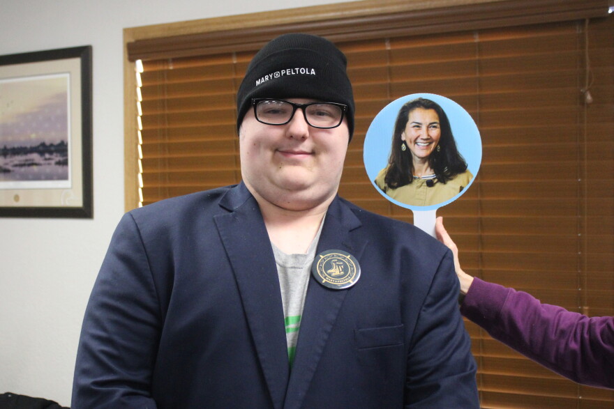 Jaden Randall attends a campaign event in support of former Democratic congresswoman and U.S. Senate candidate Mary Peltola on Wednesday, Oct. 28, 2026 in Soldotna, Alaska.
