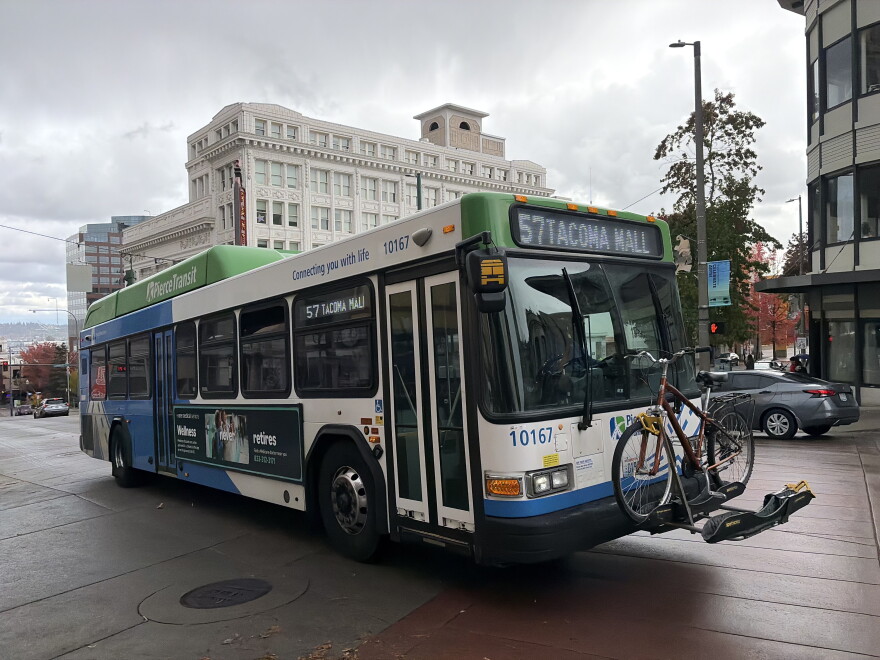 A Pierce Transit bus in downtown Tacoma. Oct. 28, 2026.