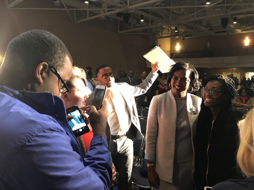 Democratic candidate Jahana Hayes takes photos with supporters after a recent 5th District debate at Central Connecticut State University in New Britain.