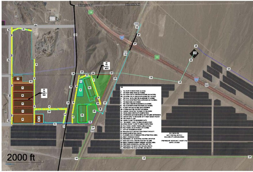 A handout map shows the proposed layout of Townsite Solar 2 LLC's now-withdrawn plans for a data center in Boulder City, Nevada, near Interstate 11 and Nevada State Route 173.