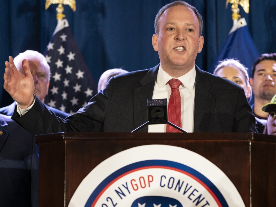 U.S. Rep. Lee Zeldin, the Republican nominee for New York governor, seen here speaking at the 2022 New York GOP Convention in March, was attacked on Thursday by man with a pointed weapon at an upstate event but was uninjured, his campaign said.