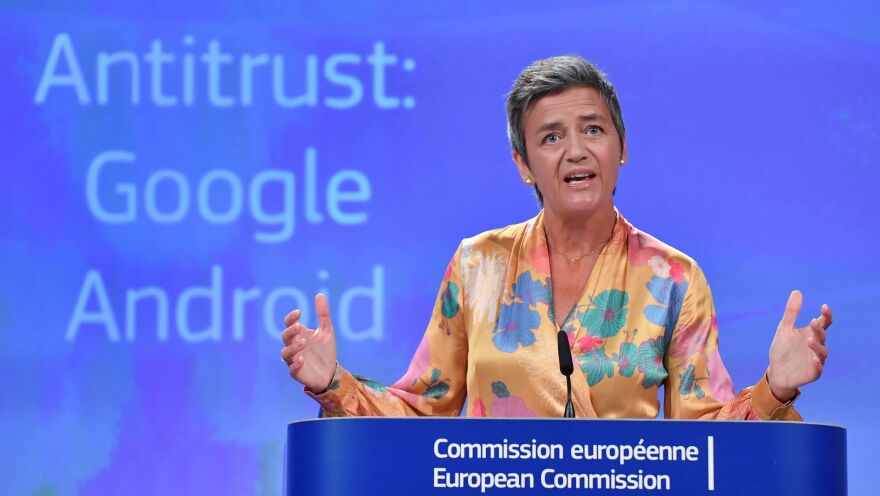 European Union Competition Commissioner Margrethe Vestager held a joint news conference at EU headquarters in Brussels on Wednesday after slapping a record $5 billion antitrust penalty on the U.S. tech giant.