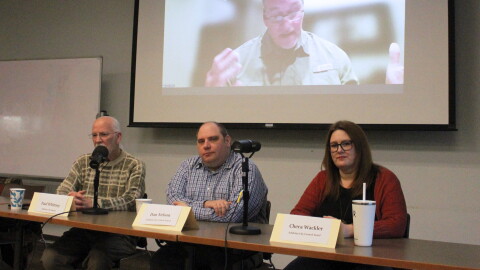 Clockwise from lower left, Paul Whitney, Chuck Winters, Chera Wackler and Dan Nelson participate in a candidate forum on Wendesday, Oct. 21, 2026 in Soldotna, Alaska.