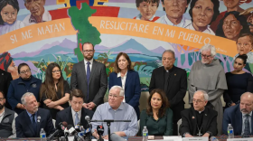 Ruben Garcia, director of Annunciation House, speaks at a press conference on Feb 23, 2024. Texas Attorney General Ken Paxton filed a lawsuit against the migrant shelter for allegedly operating a stash house and human trafficking. Annunciation House has been providing aid and shelter to migrants in El Paso for decades.